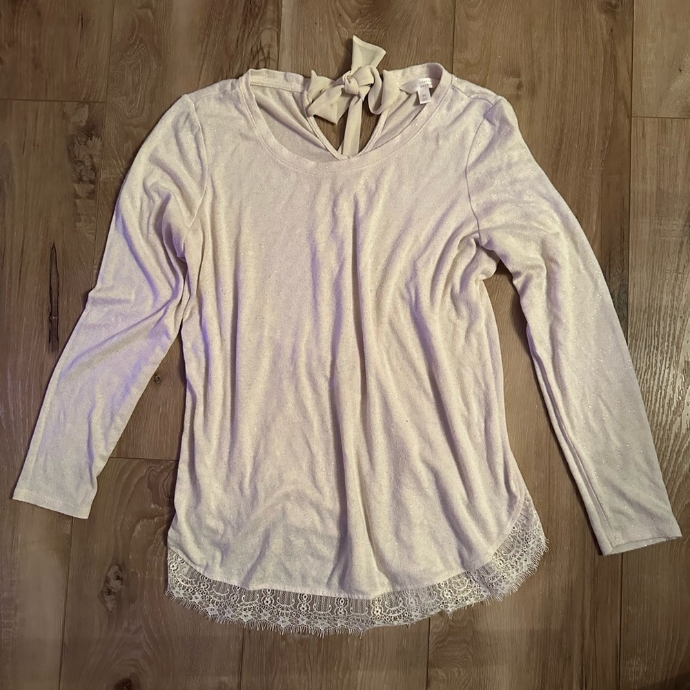 LC Lauren Conrad Cream Gold Sparkle Bow Back Lace Bottom Longline Lt Sweater Med
